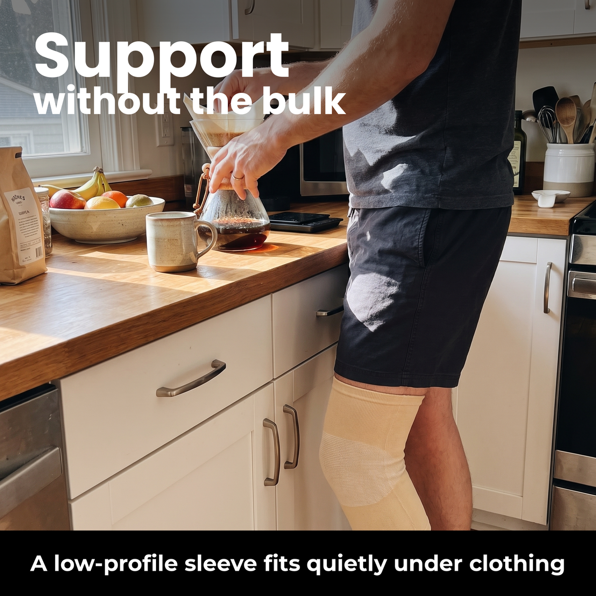 Low-profile beige BambooFlex knee sleeve during an everyday routine